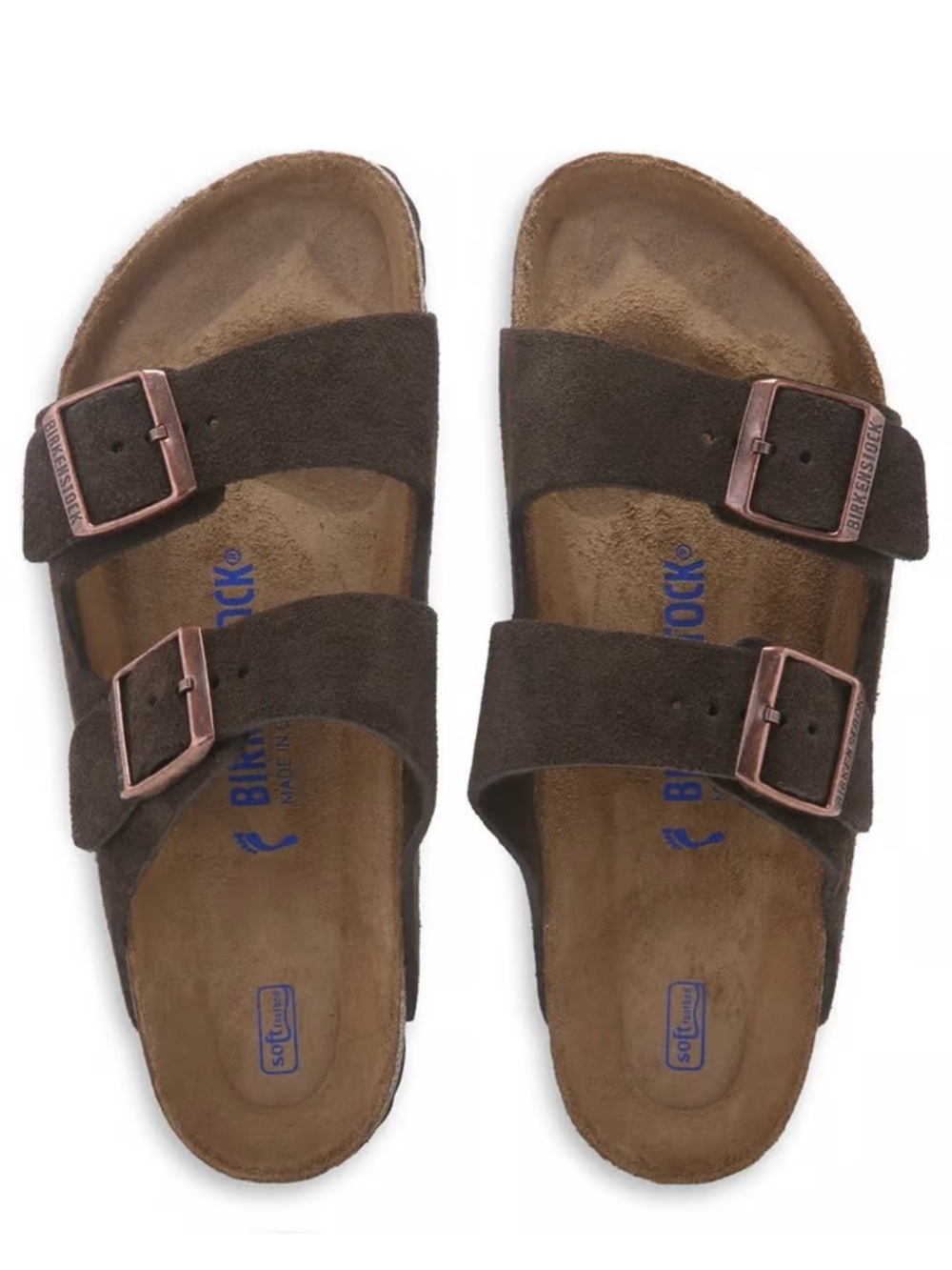 Birkenstock Arizona Suede Double Strap Sandals in Brown with Copper Buckles